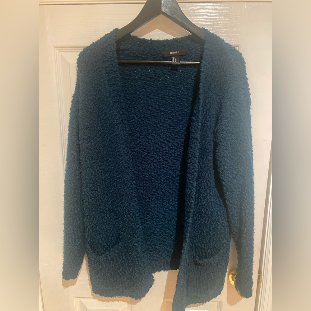 Forever 21 Plush Open-Front Cardigan in Teal Blue